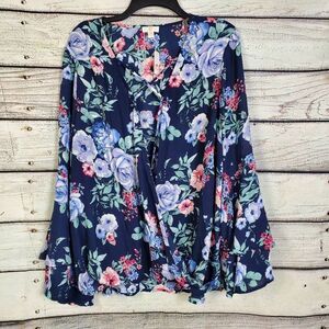NWT C Brand Women’s 1X Navy Blue Floral Boho Blouse Bell Sleeve Tie Front Plus S